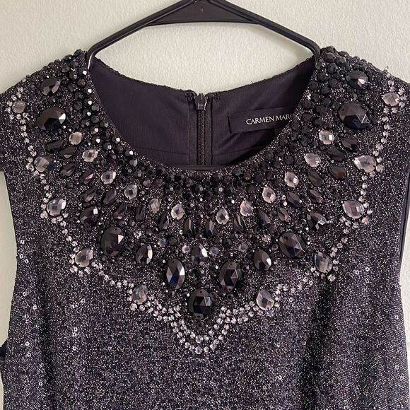 Carmen Marc Valvo Black Beaded Sequin Evening Formal Gown Dress 6 - Picture 3 of 7